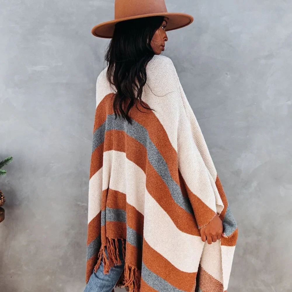 New Western Stripe Fringe Poncho Blanket Cardigan Sweater - Picture 5 of 7